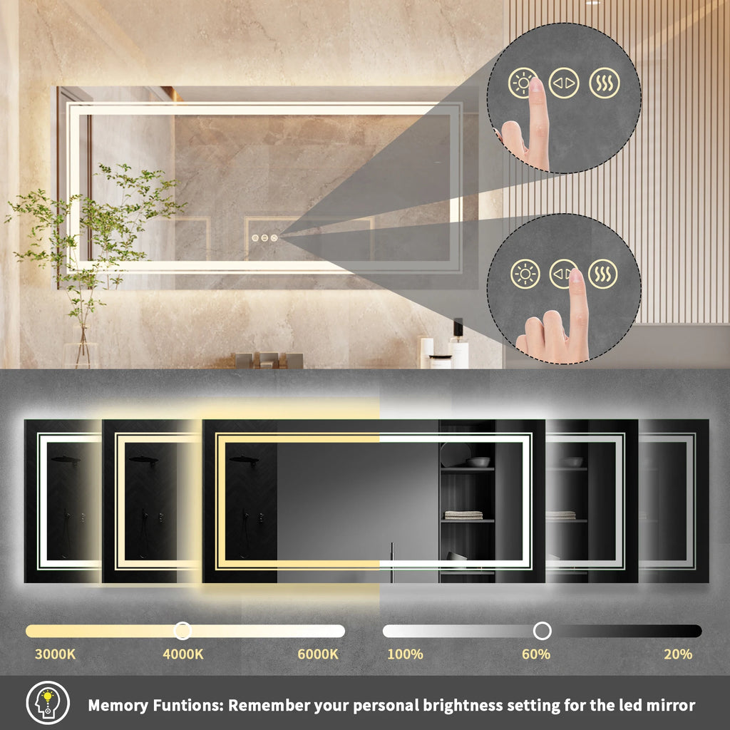 55x28 Inch Dimmable Large Rectangular LED Lighted Bathroom Mirror Wall Mounted Vanity Backlit Mirror with Touch 3 Colors Switch