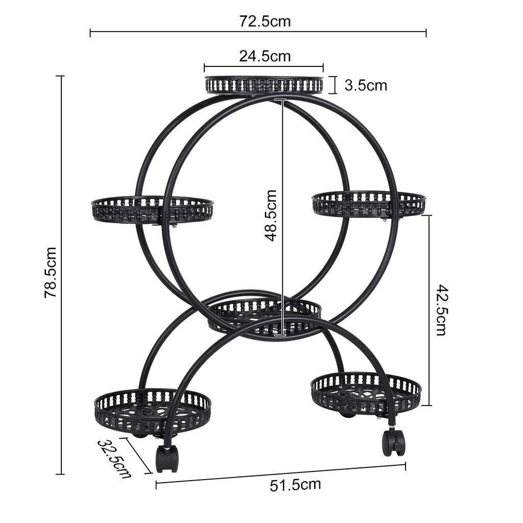 unho 6 Potted Metal Plant Stand Garden Cart Wrought Iron Flower Pots Rack Holder Display Shelf with Wheels for Patio Porch