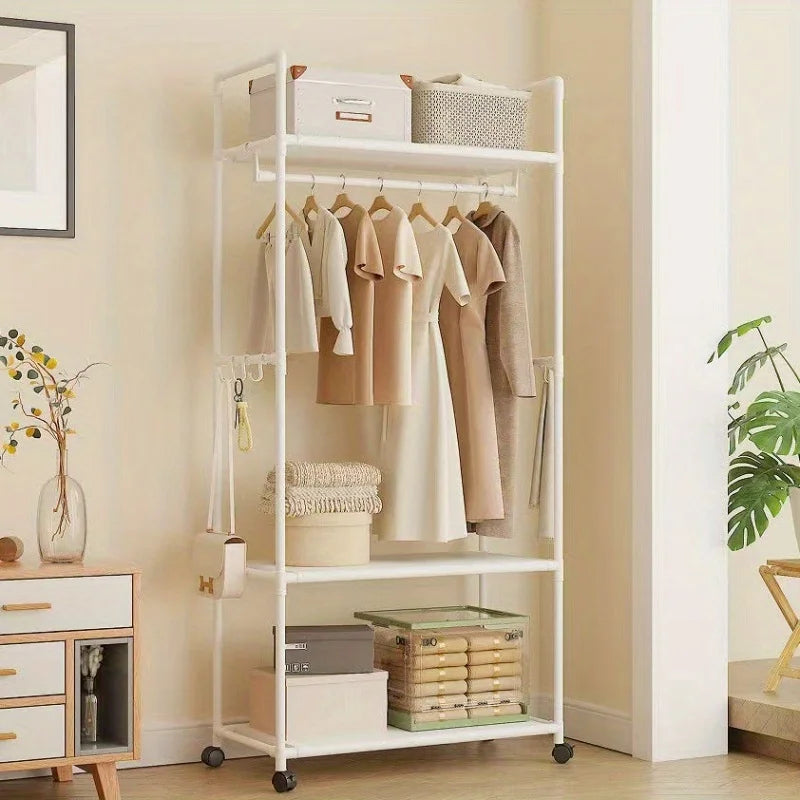 Clothing Storage Rack with Wheels, Hooks & Shelves - Space-Saving Organizer, Durable Freestanding Clothes Organizer for Bedroom