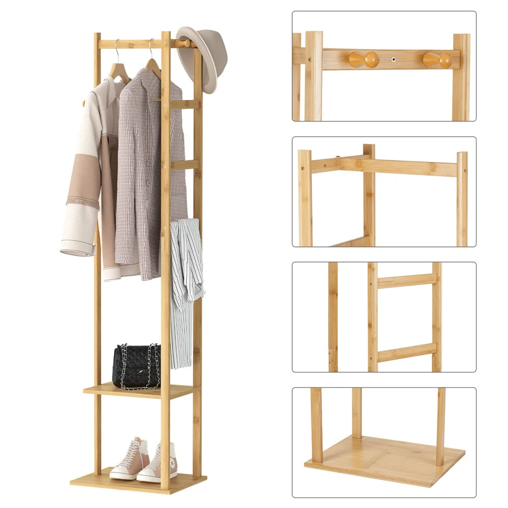 Bingopaw Coat Tree Solid Bamboo Freestanding Coat Rack with Storage Garments Corner Stand with Hooks for Home Bedroom