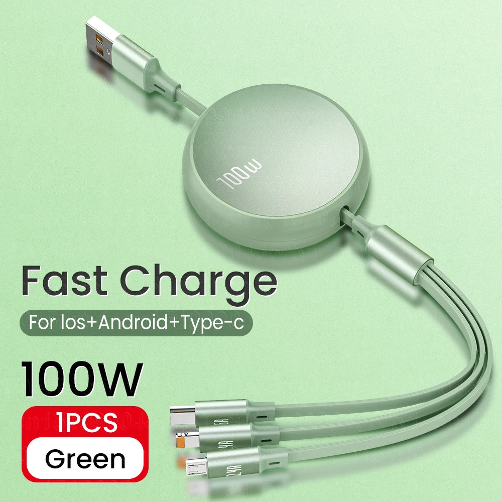 3 in 1 Retractable USB C 6A 100W USB Fast Charger