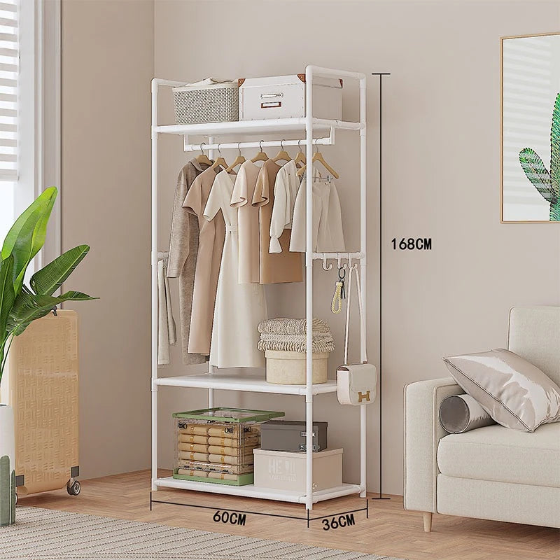 Clothing Storage Rack with Wheels, Hooks & Shelves - Space-Saving Organizer, Durable Freestanding Clothes Organizer for Bedroom