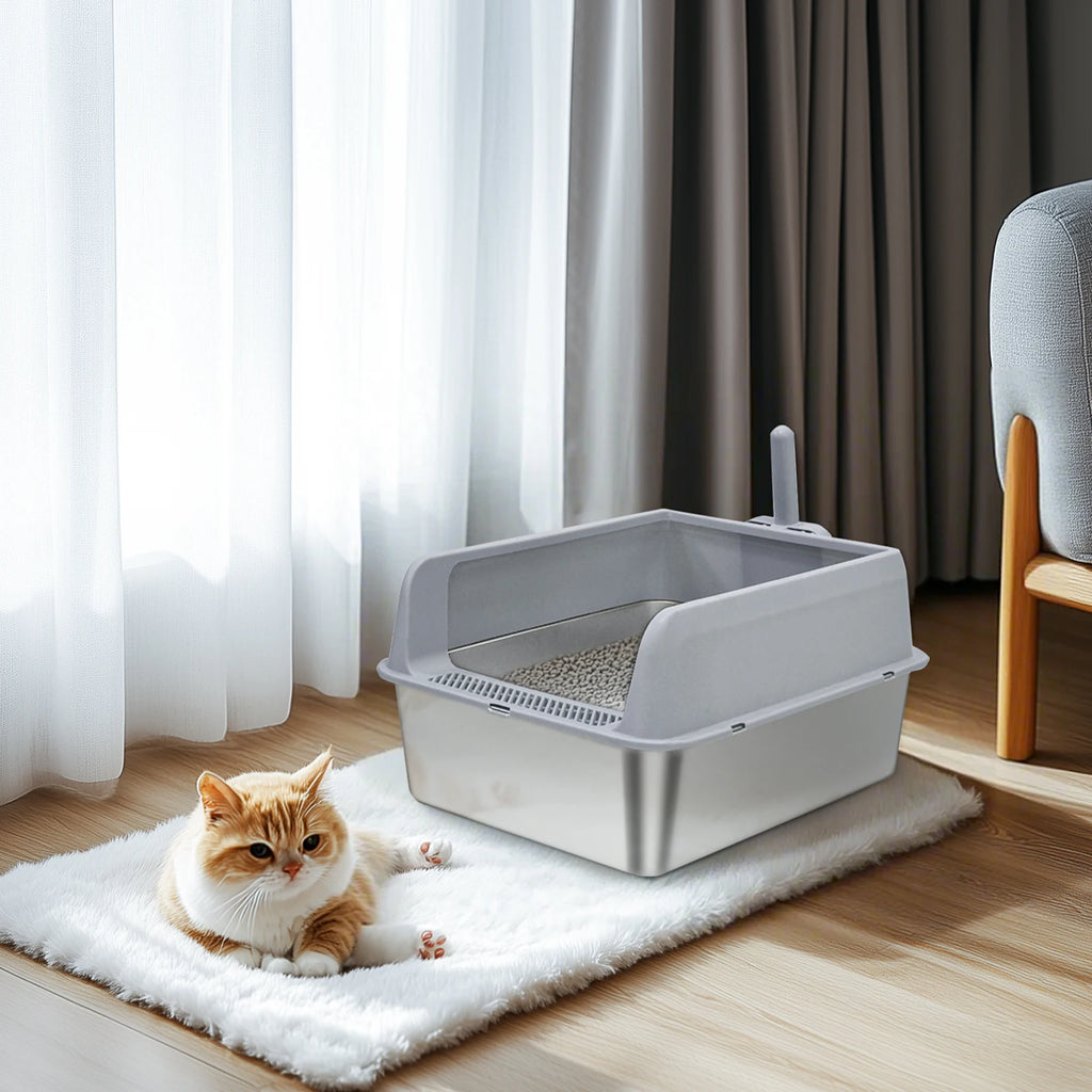 Bingopaw Stainless Steel Litter Box with Lid, High Sides Metal Litter Box System for for Big Cats, Anti-Leakage, Easy Cleaning