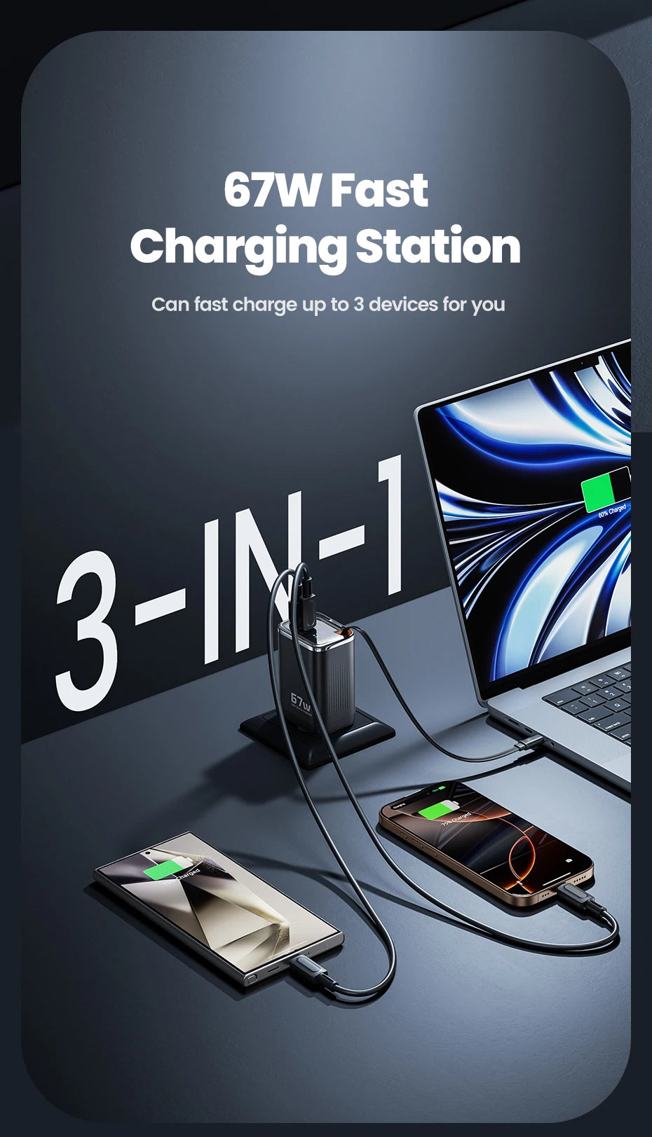 Toocki 67W GaN USB C Charger With Retractable Type C Cable