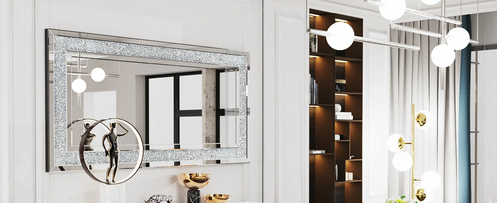 48" x 24" Crush Diamond Wall Mirror Large Decorative Glam Silver Vanity with Beveled Glass Sparkly Crystal Frame Edge