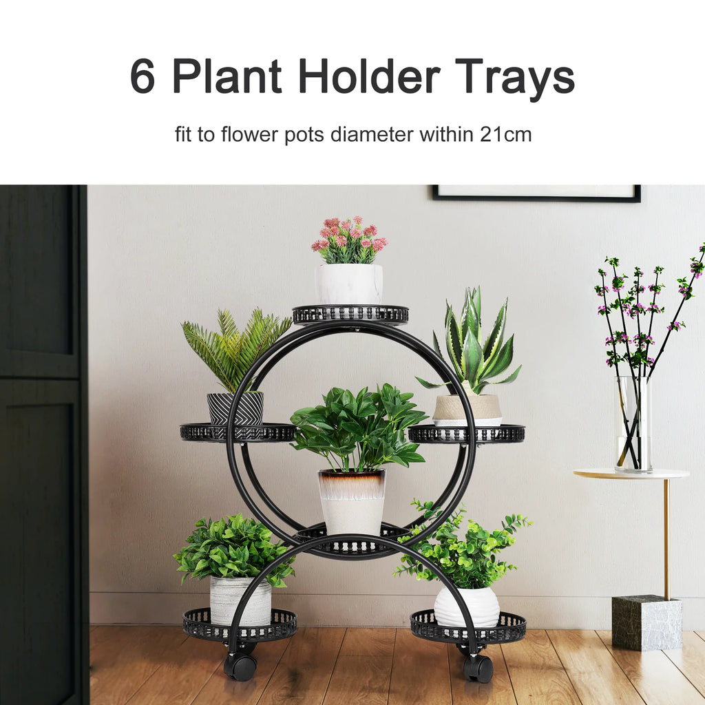 unho 6 Potted Metal Plant Stand Garden Cart Wrought Iron Flower Pots Rack Holder Display Shelf with Wheels for Patio Porch