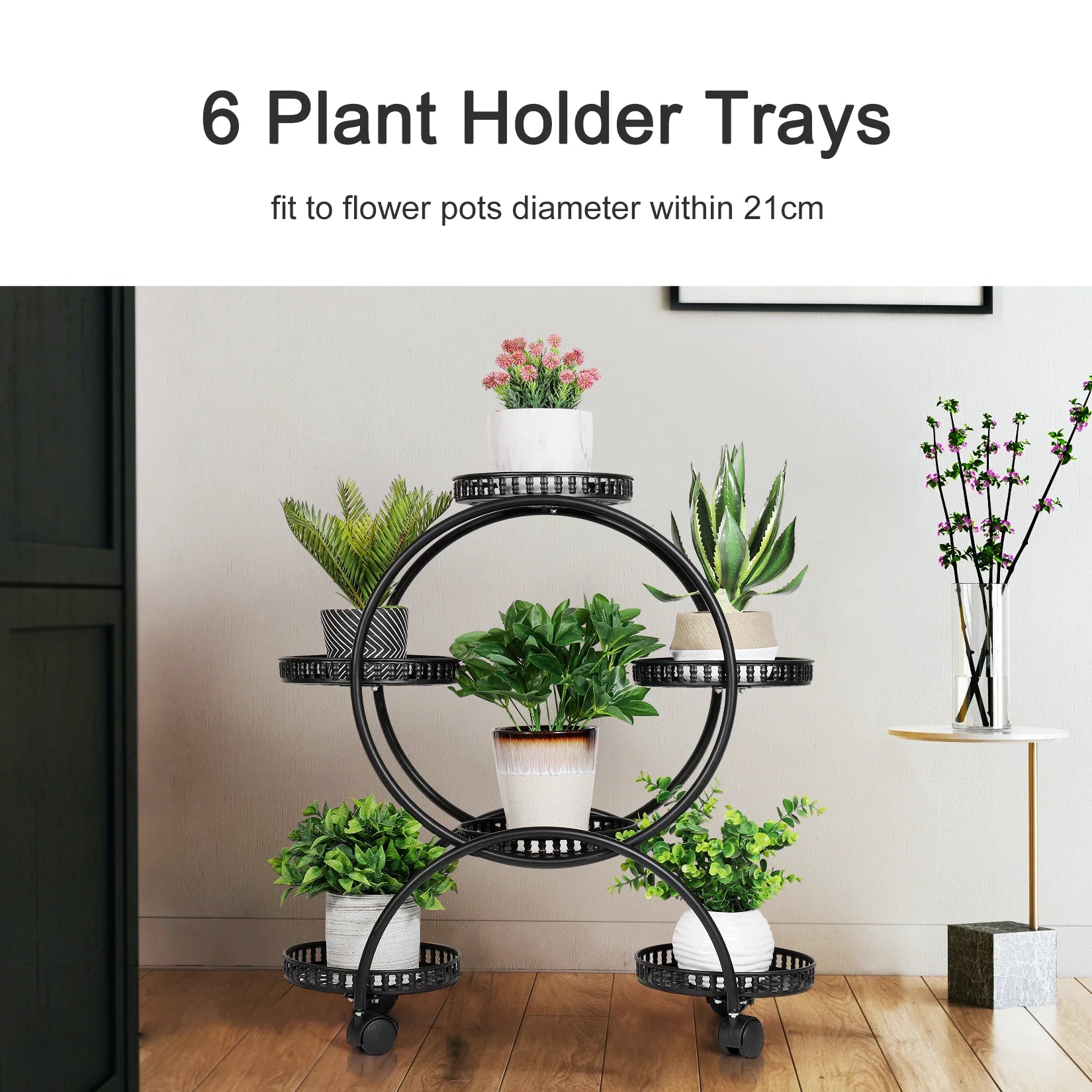 unho 6 Potted Metal Plant Stand Garden Cart Wrought Iron Flower Pots Rack Holder Display Shelf with Wheels for Patio Porch