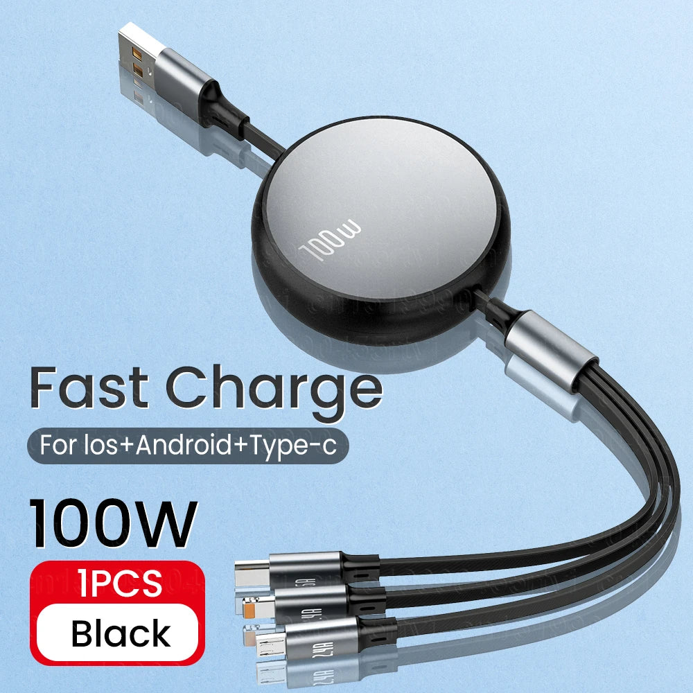 3 in 1 Retractable USB C 6A 100W USB Fast Charger
