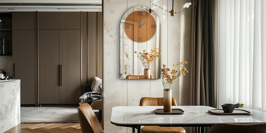 Wisfor Wall Decorative Mirrors Arched Brown Tinted Glass Wall Mounted Clock for Home,Hotel,Living Room,Dining Room,Bedroom Walls