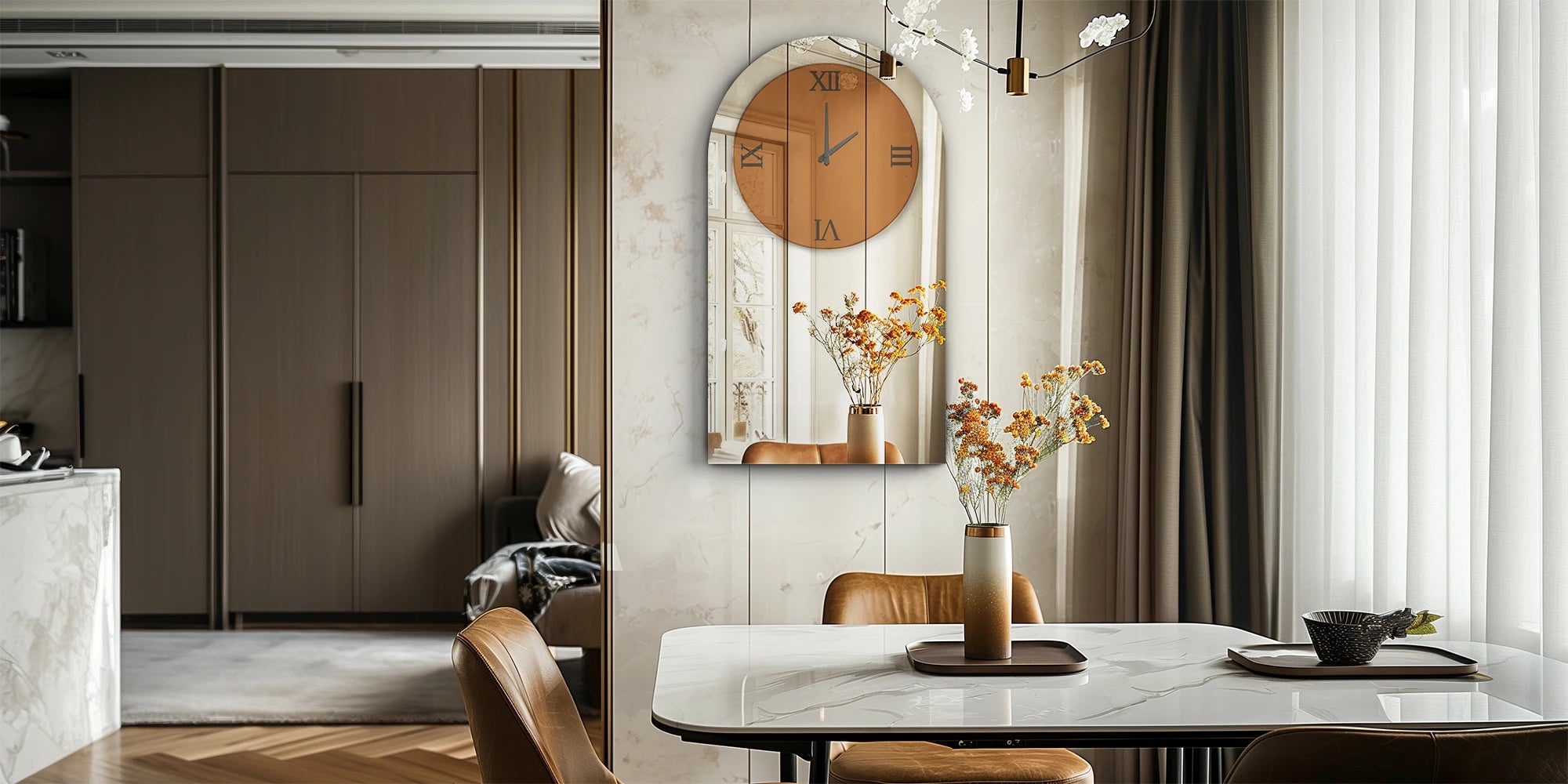 Wisfor Wall Decorative Mirrors Arched Brown Tinted Glass Wall Mounted Clock for Home,Hotel,Living Room,Dining Room,Bedroom Walls
