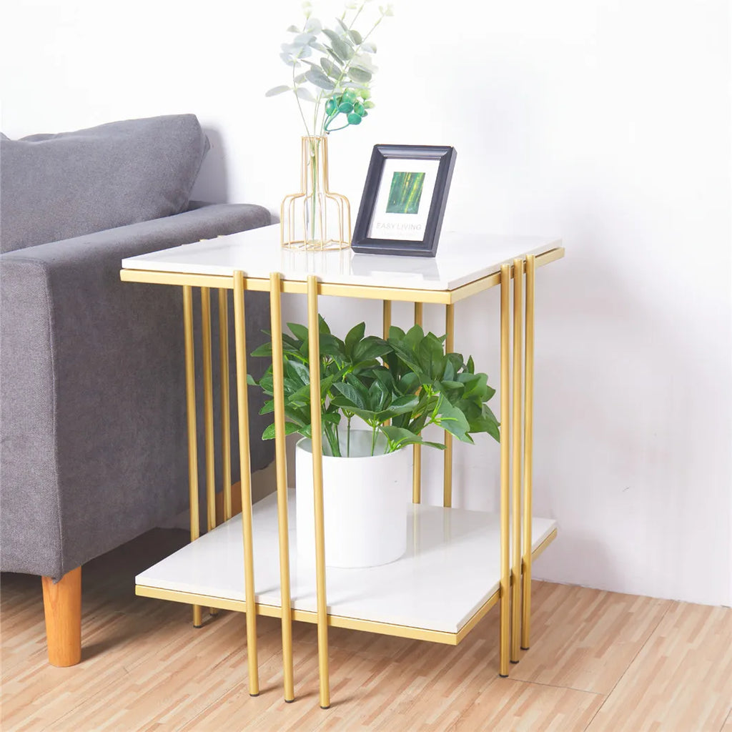 Marble Top Side Table Gold 2 Tier Square White End Tables 44.5x44.5x55.5cm Sintered Stone Marbles Tabletop Modern Small Bedside