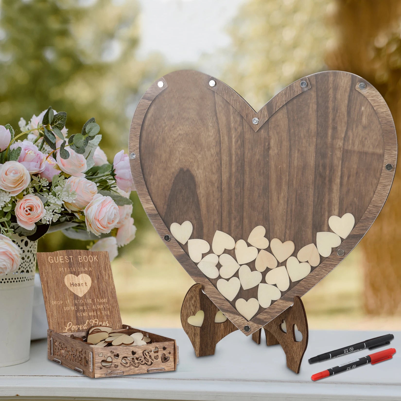 Wedding Guest Book Wooden 88pcs Heart-shaped Bracket Pastoral Wedding Storage Box Birthday Message Carving Carbonized Wood