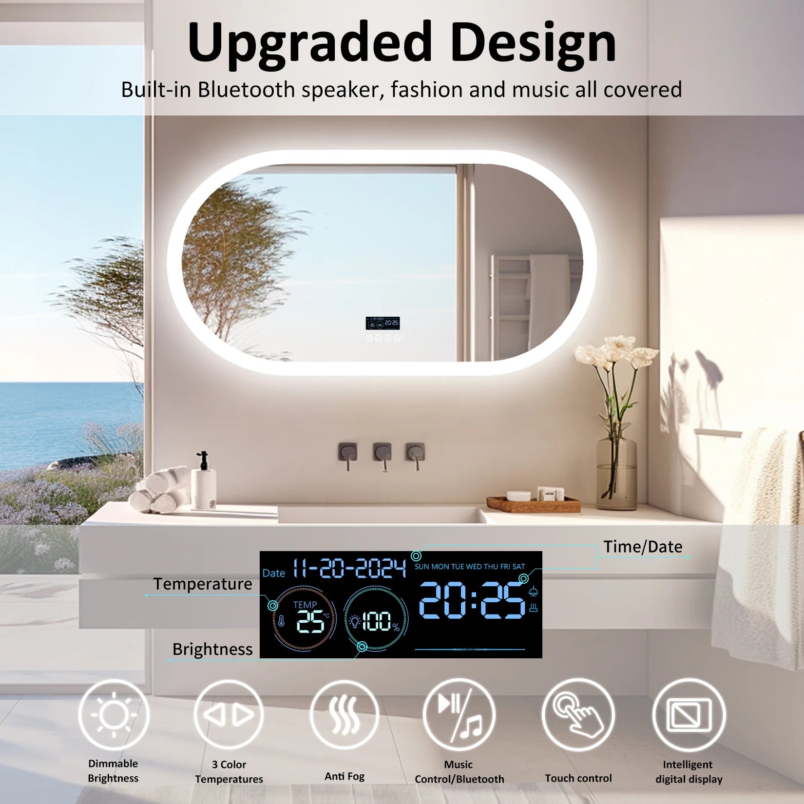 Oval LED Bathroom Mirror with Lights, Anti-Fog, Bluetooth Speaker, 3 Colors Temperature Dimmable Lighted Mirrors Waterproof