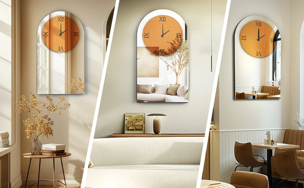 Wisfor Wall Decorative Mirrors Arched Brown Tinted Glass Wall Mounted Clock for Home,Hotel,Living Room,Dining Room,Bedroom Walls