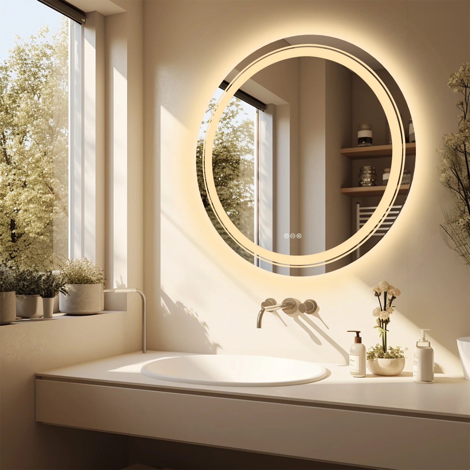 800mm LED Circle Wall Mounted Vanity Mirror with Demister Pad Smart Touch Sensor Memory Function Backlit Front Lighted 3 Colors