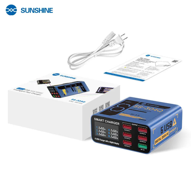 SUSNHINE 6-port Usb Digital Display Fast Charger for Phone Tablet Watch Charging
