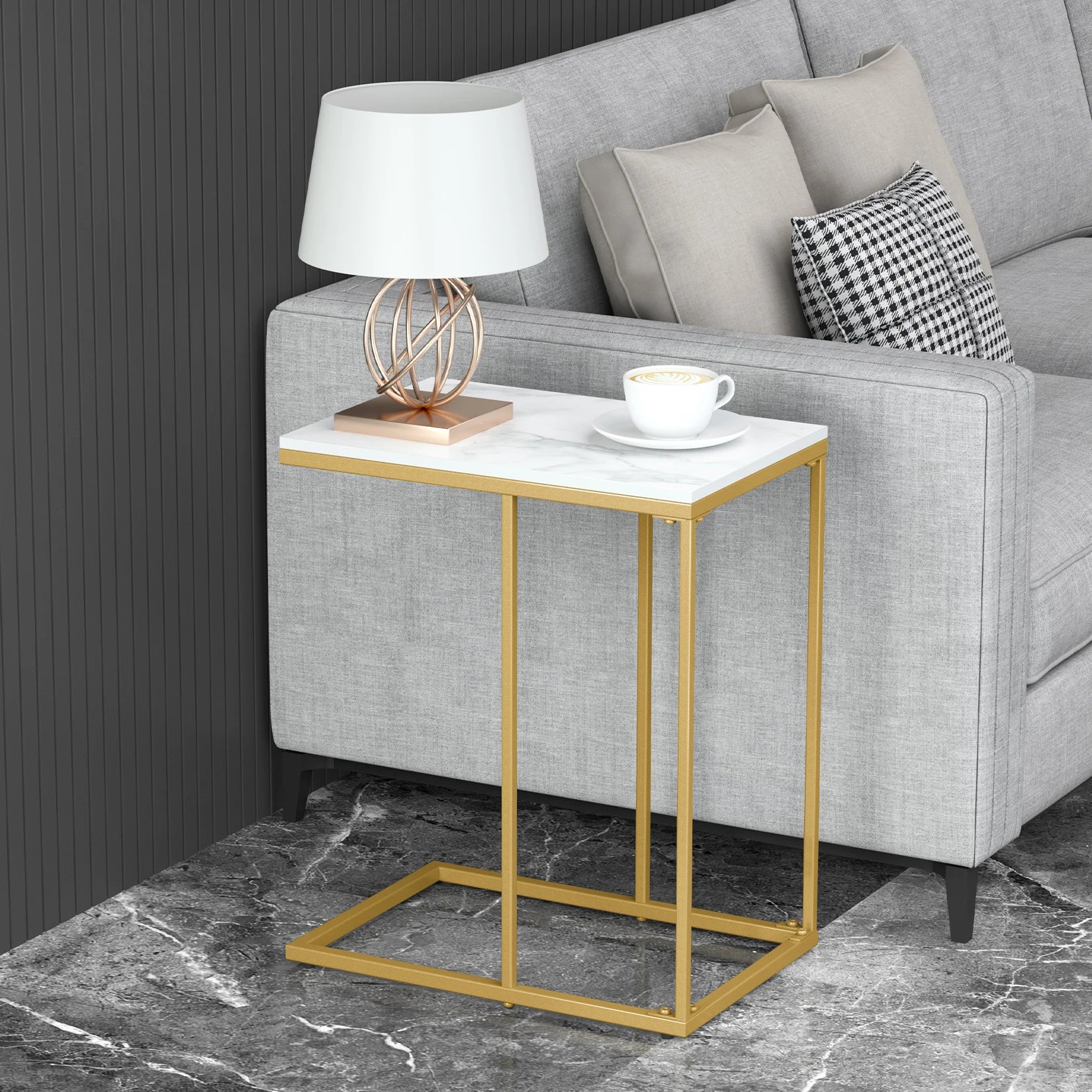 C Shaped End Snack Side Table Under Couch with Marble Top for Sofa Coffee Laptop Living Room Bedroom Small Space