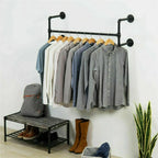 Industrial Pipe Clothes Rack Wall Mounted Hanging Bar Garment Rack Rail Detachable Bedroom Space-Saver for Home