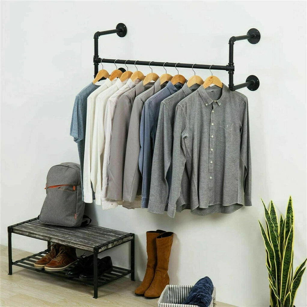 Industrial Pipe Clothes Rack Wall Mounted Hanging Bar Garment Rack Rail Detachable Bedroom Space-Saver for Home