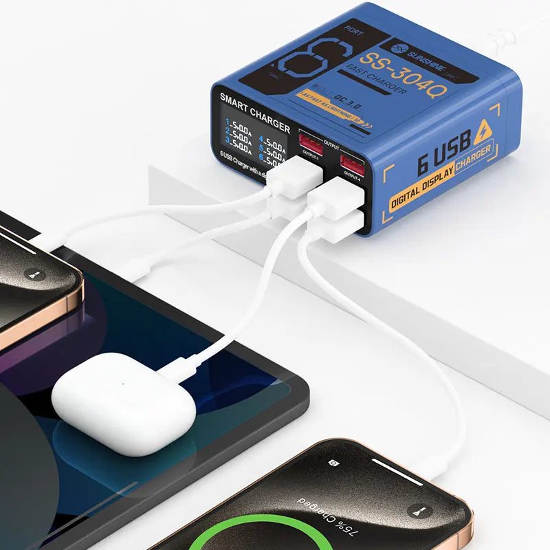 SUSNHINE 6-port Usb Digital Display Fast Charger for Phone Tablet Watch Charging