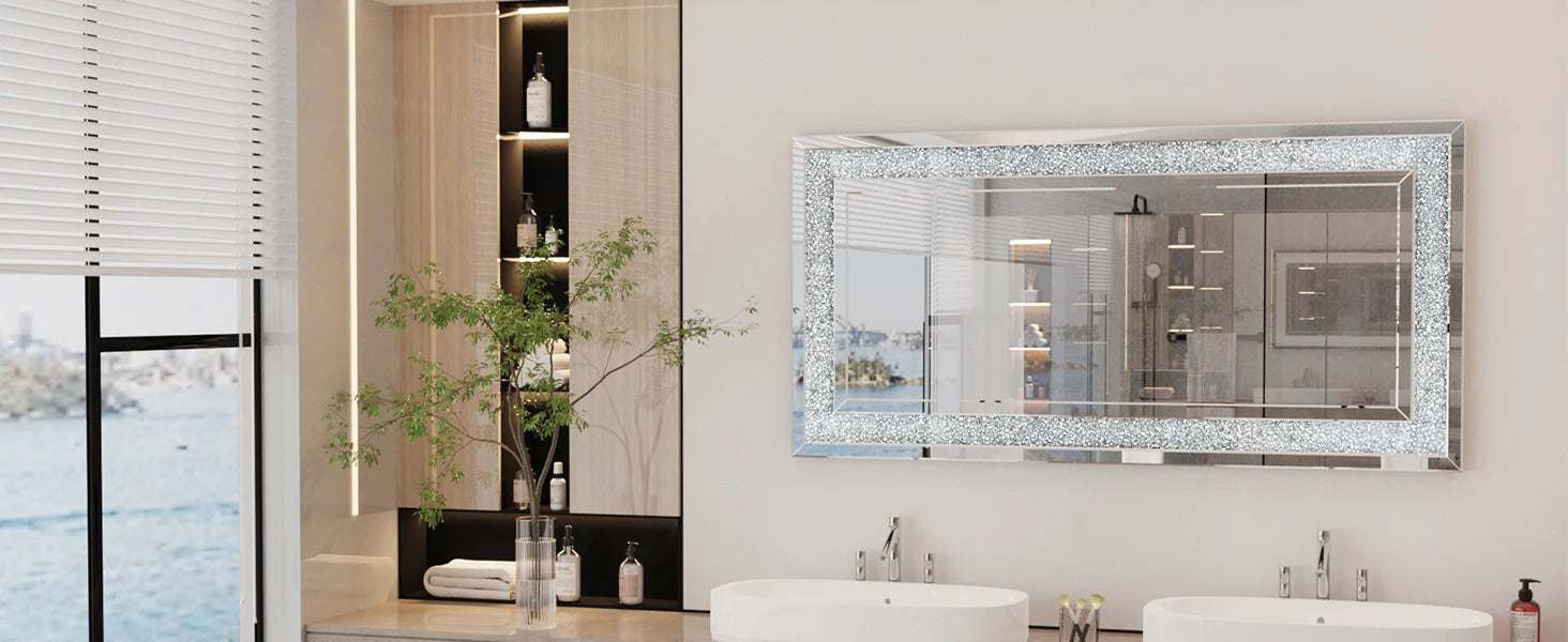 48" x 24" Crush Diamond Wall Mirror Large Decorative Glam Silver Vanity with Beveled Glass Sparkly Crystal Frame Edge