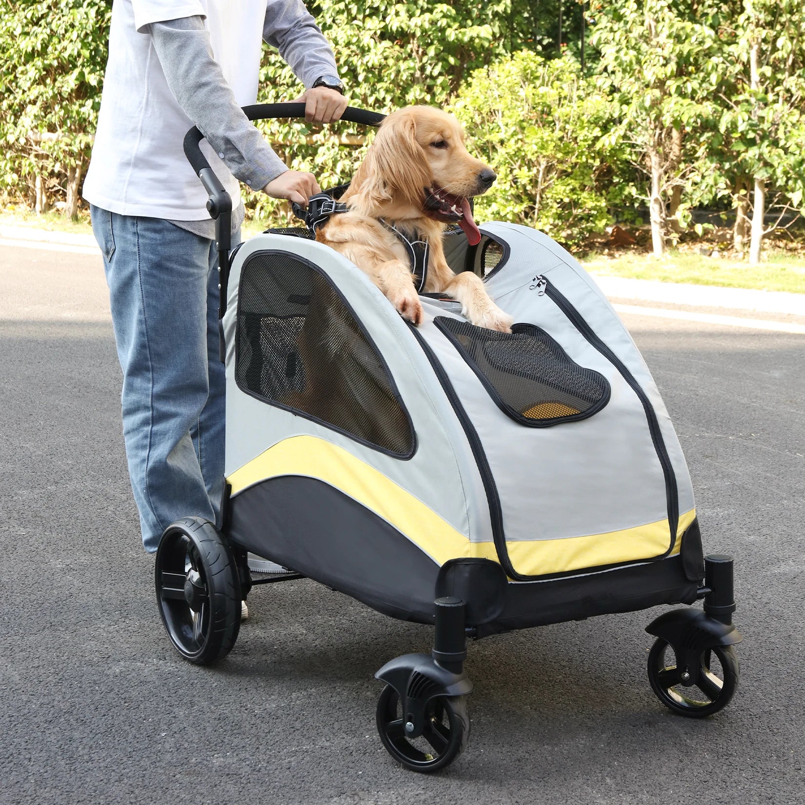 Large Dog Stroller 4 Wheel Pet Trolley Carrier Foldable for 2 Dogs up to 121 lbs