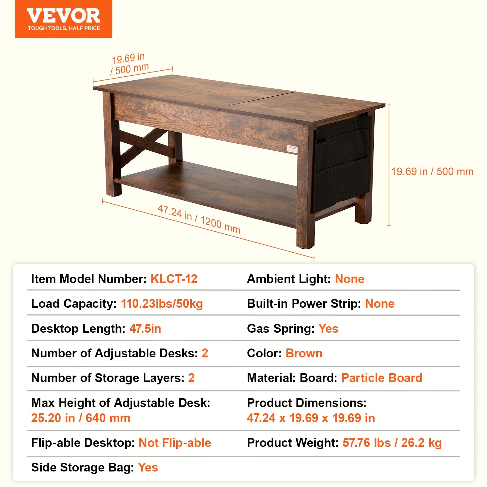 VEVOR Lift Top Coffee Table Round Rectangle Table with Extra Storage Pockets Pop Up & Flipable Coffee Table for Living Room