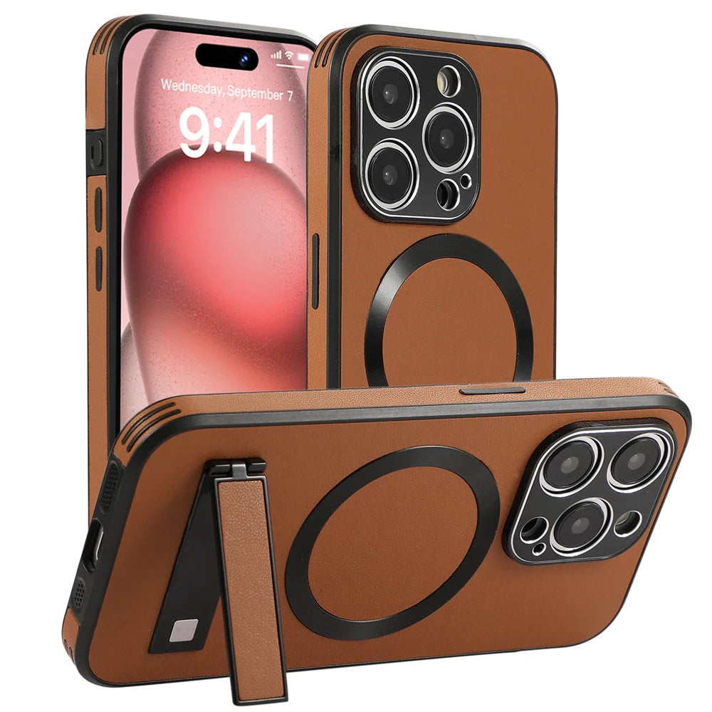 Luxury Magnetic Leather Stand Phone Case For iPhone 17 16 15 14 11 12 13 Pro Max Wireless Charging For Magsafe Shockproof Cover