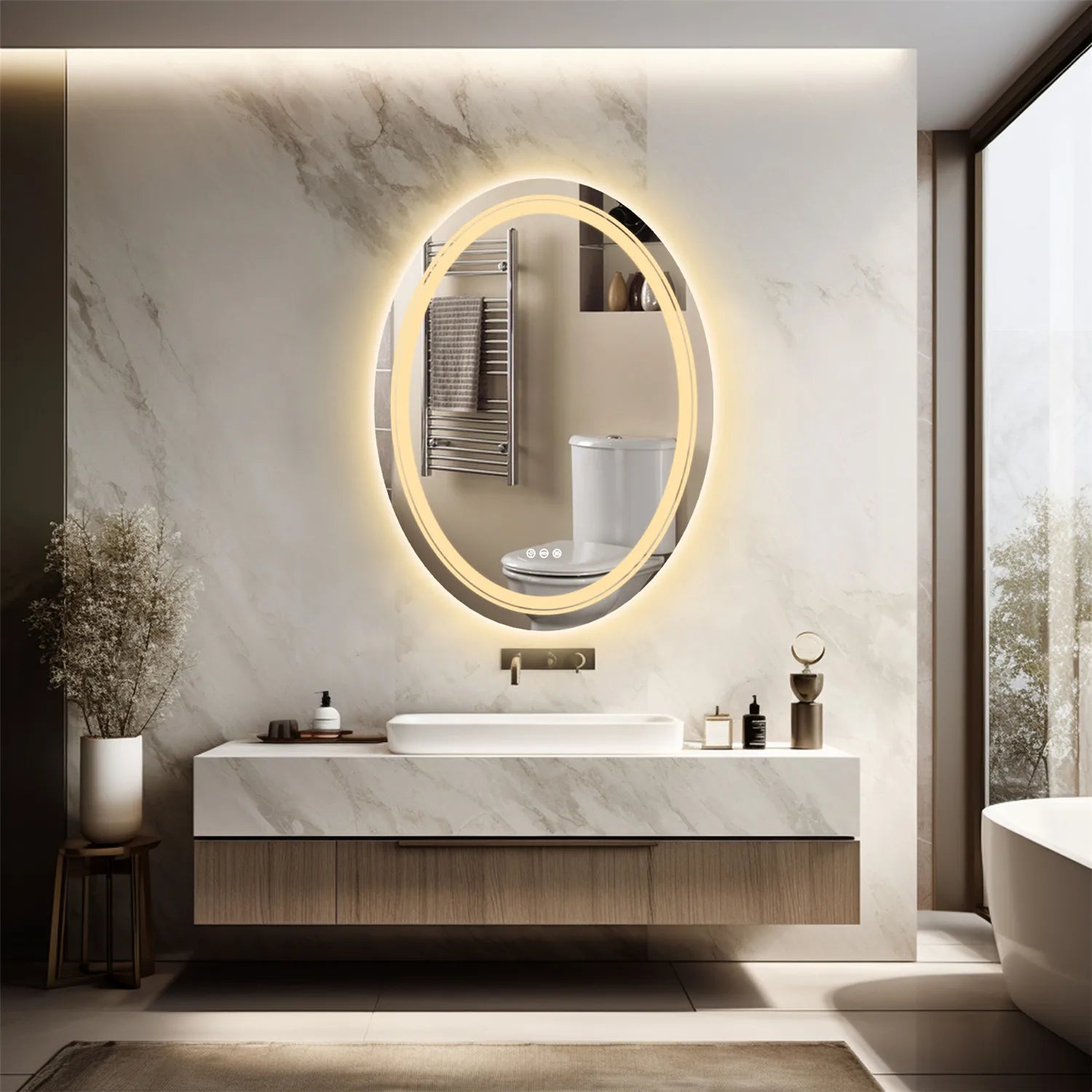 Large Oval LED Bathroom Mirror Lighted Mirror Anti-Fog Vanity Bathroom Backlit Dimmable Wall Mounted 3 Colors Memory with Plug