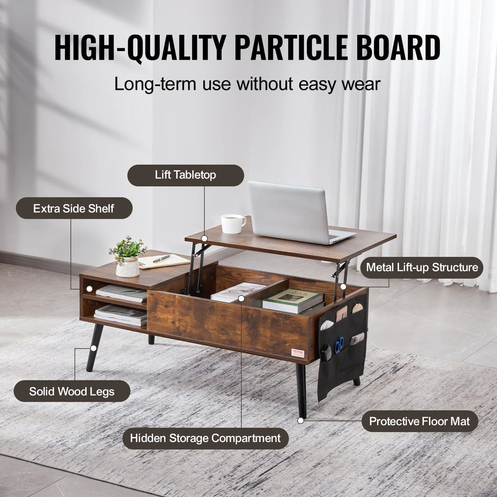 VEVOR Lift Top Coffee Table Round Rectangle Table with Extra Storage Pockets Pop Up & Flipable Coffee Table for Living Room