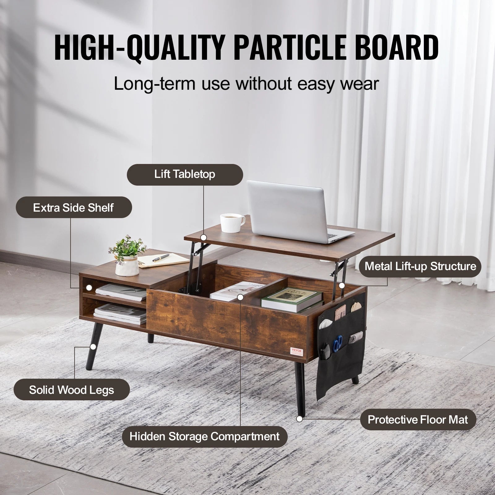 VEVOR Lift Top Coffee Table Round Rectangle Table with Extra Storage Pockets Pop Up & Flipable Coffee Table for Living Room