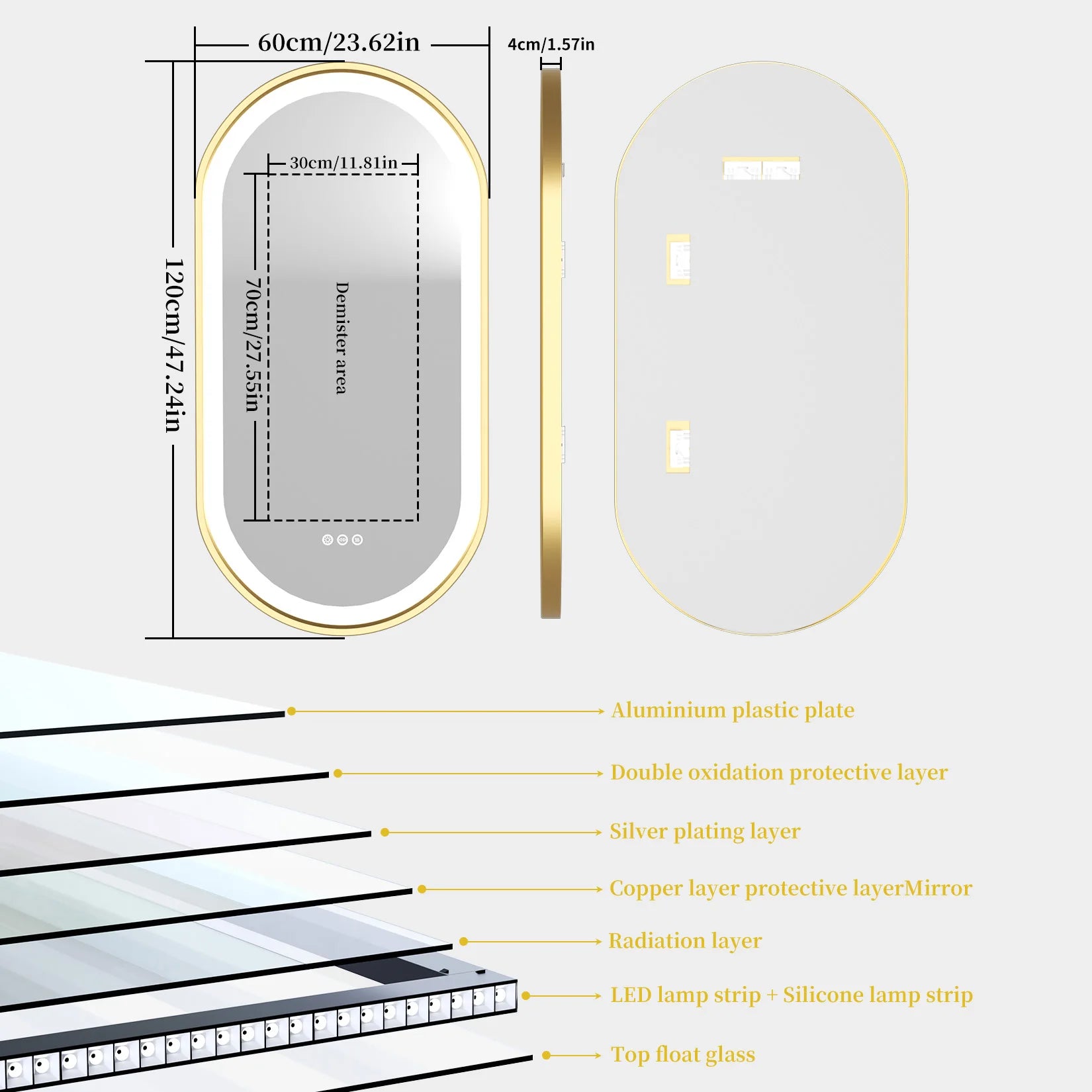 Large LED Oval Bathroom Mirror with Stepless Dimmable Lighted Vanity Mirror for Wall Mounted Vanity with Frame Anti-Fog Memory