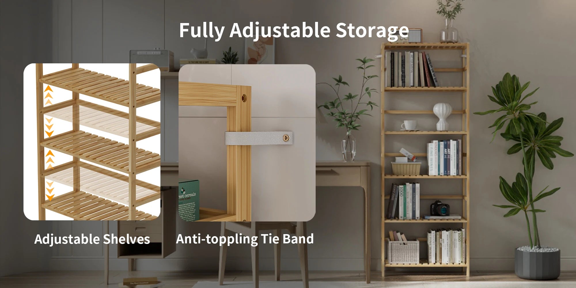 6 Tiers Bamboo Bookshelf Flower Rack with Adjustable DIY Shelves Free Standing Natural Wood Color Display Shelf for Living Room