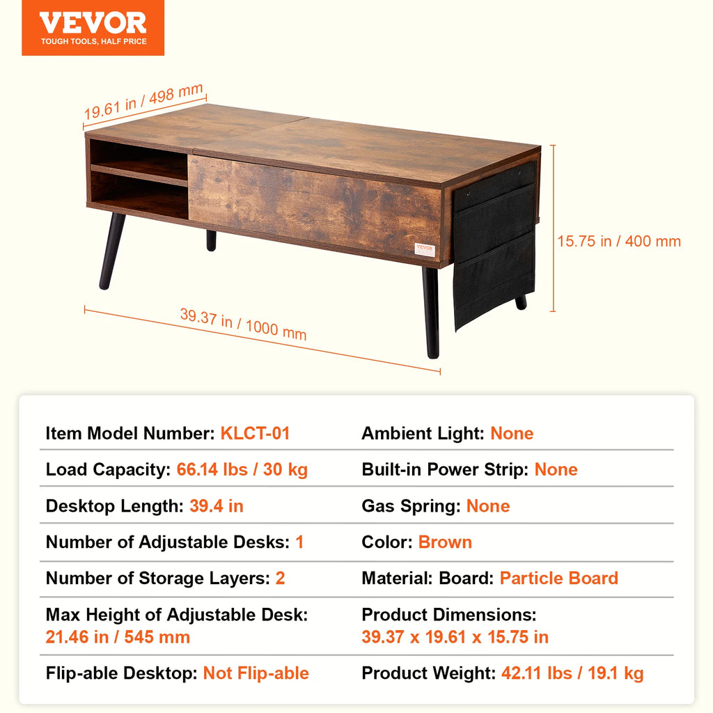 VEVOR Lift Top Coffee Table Round Rectangle Table with Extra Storage Pockets Pop Up & Flipable Coffee Table for Living Room