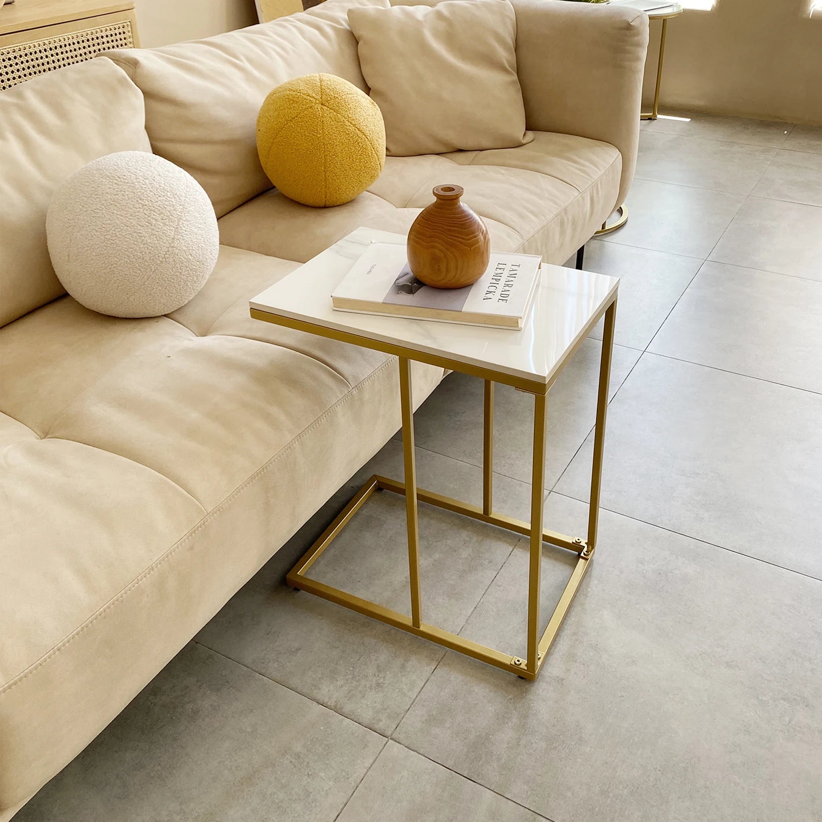 C Shaped End Snack Side Table Under Couch with Marble Top for Sofa Coffee Laptop Living Room Bedroom Small Space