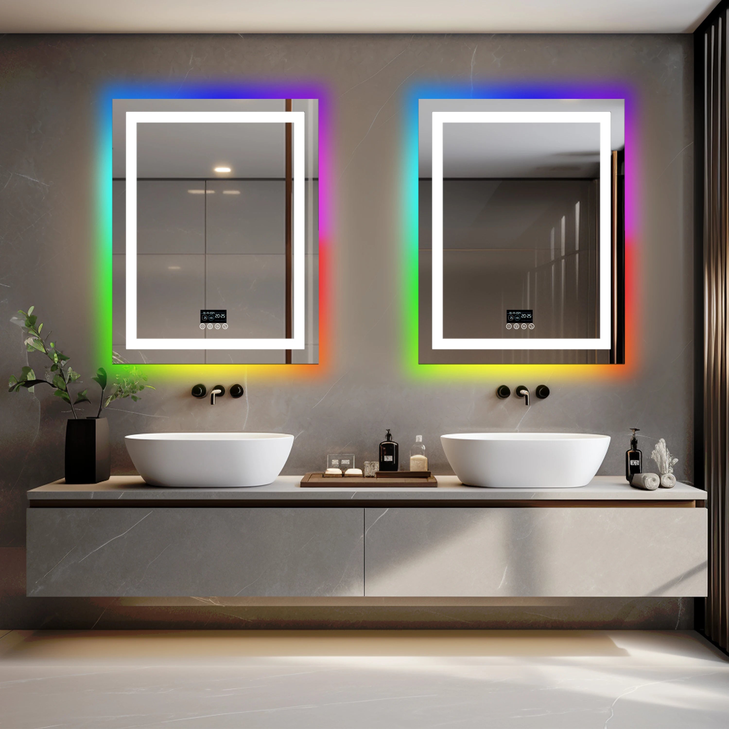 Wisfor Rectangular RGB Bathroom Mirror With Bluetooth Speaker 27x35inch Wall Lighted Bathroom Mirror With Smart Display, 3 Color