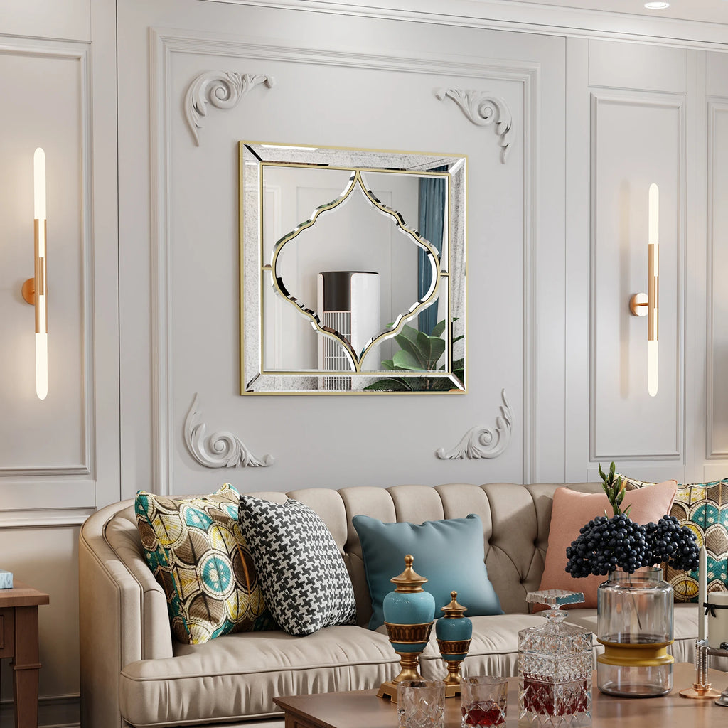 60*60cm Square Living Room Decor Mirror, HD Glass Wall Mounted Mirror with Golden Rim Edge for entryway,Bedroom, Home Wall Decor