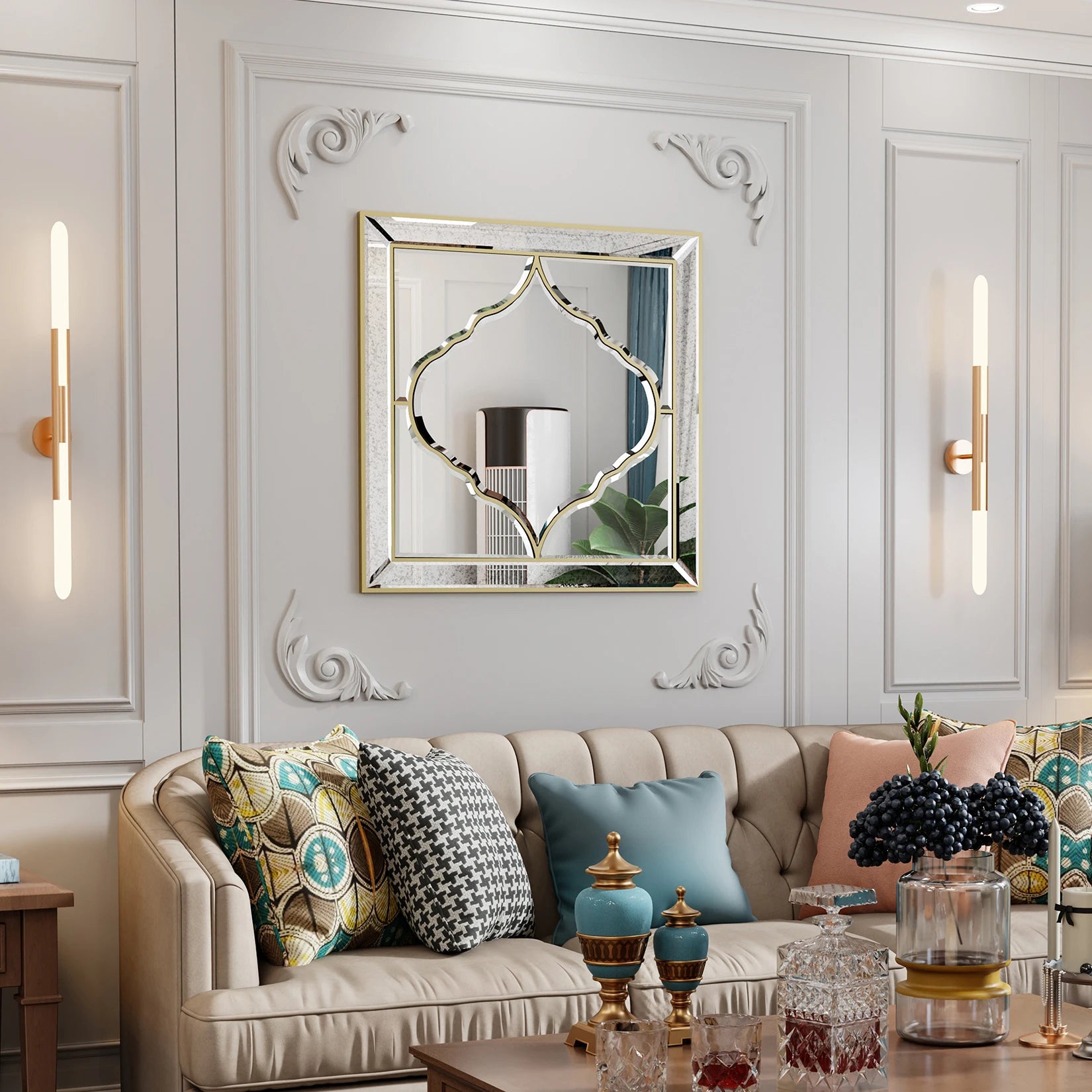60*60cm Square Living Room Decor Mirror, HD Glass Wall Mounted Mirror with Golden Rim Edge for entryway,Bedroom, Home Wall Decor