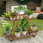 Triangular Plant Shelf 6 Potted Carbonized Wood Plant Holder Flower Pot Stand Display Storage Rack with Wheels for Garden