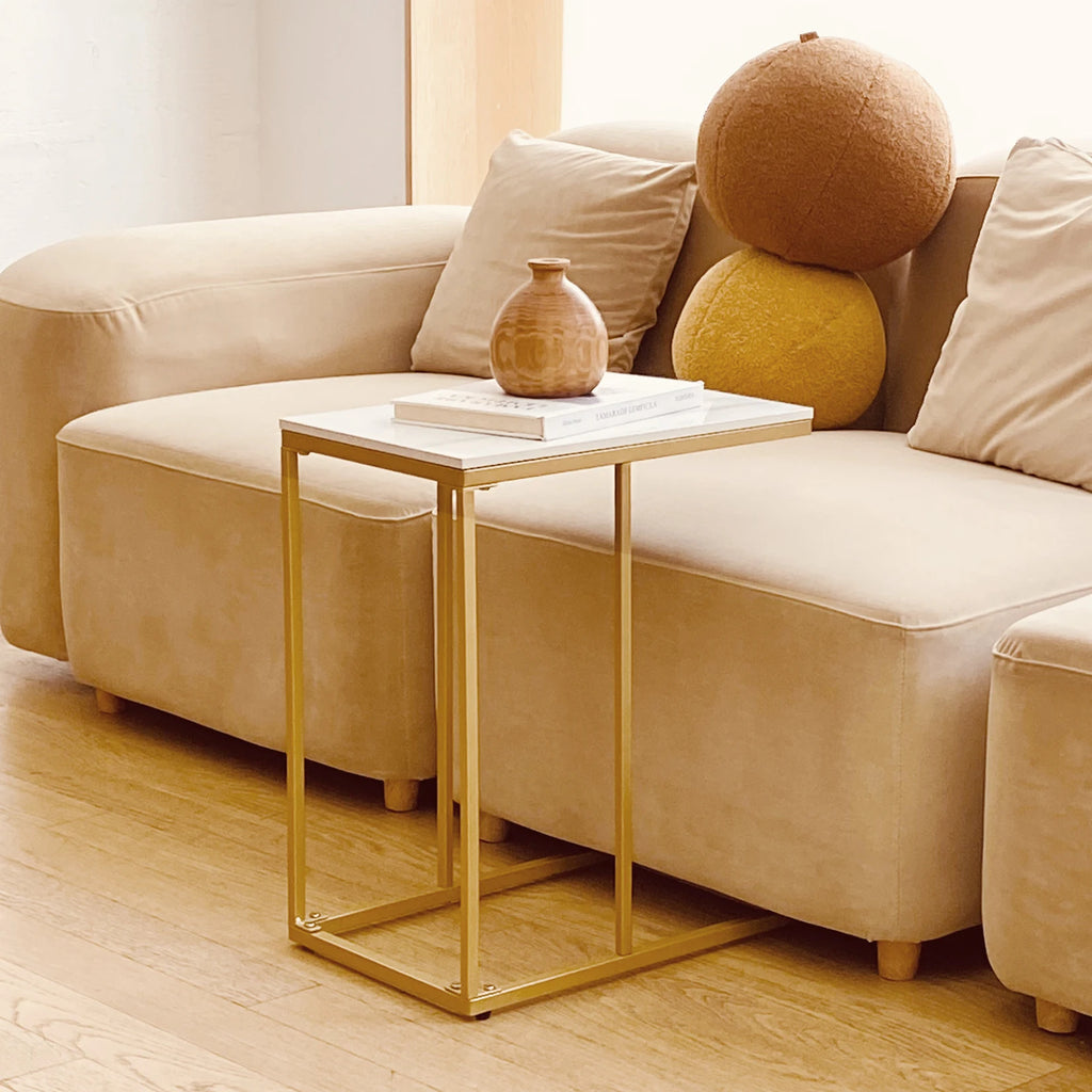 C Shaped End Snack Side Table Under Couch with Marble Top for Sofa Coffee Laptop Living Room Bedroom Small Space
