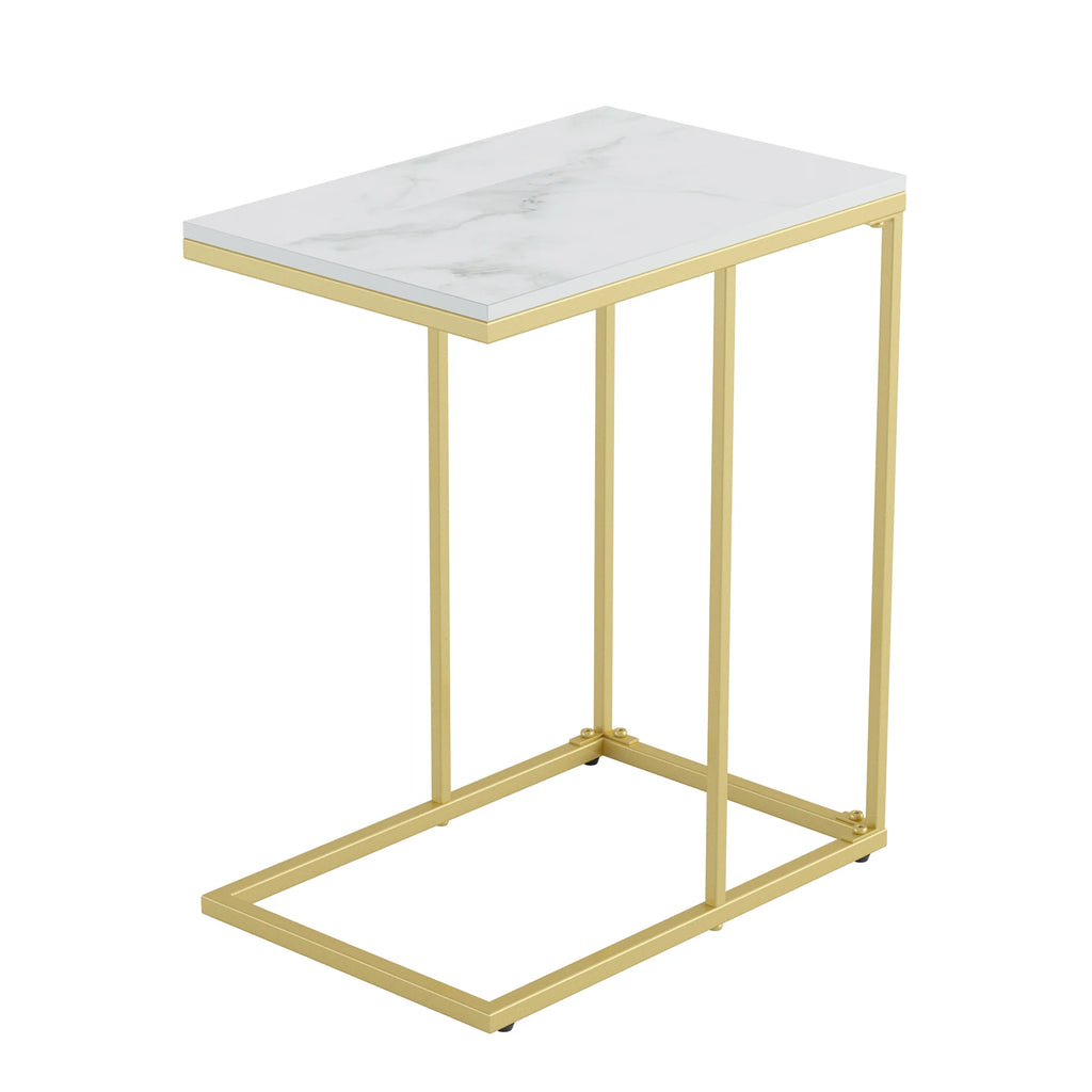 C Shaped End Snack Side Table Under Couch with Marble Top for Sofa Coffee Laptop Living Room Bedroom Small Space