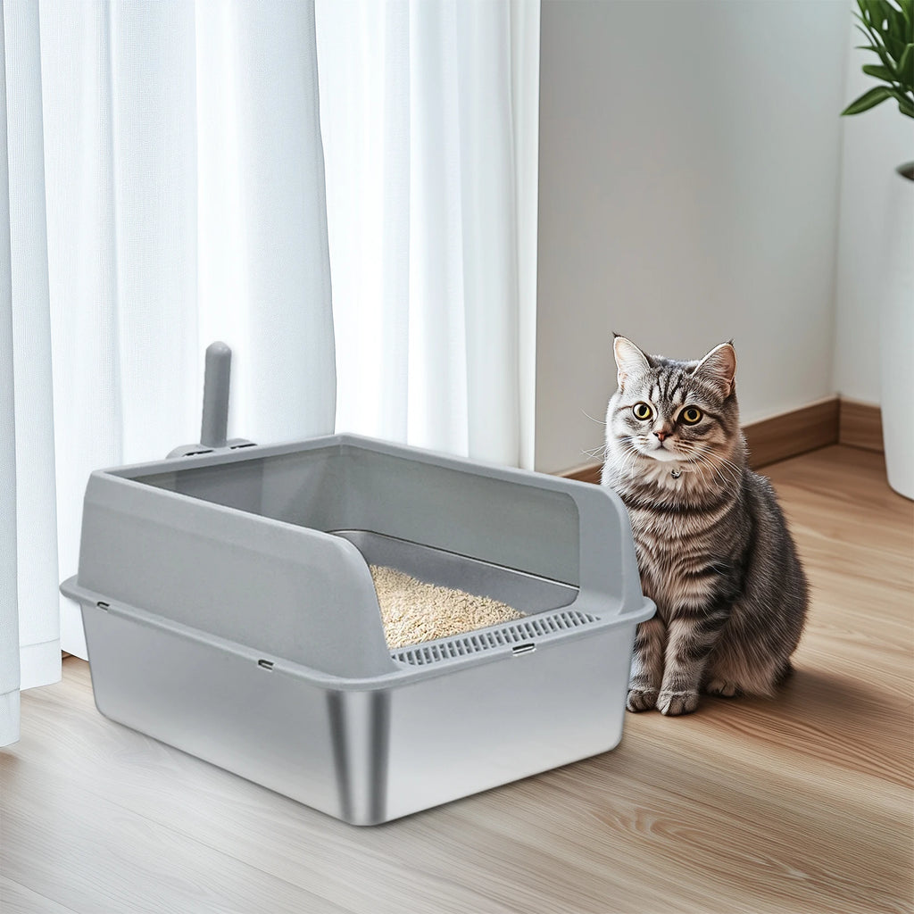 Bingopaw Stainless Steel Litter Box with Lid, High Sides Metal Litter Box System for for Big Cats, Anti-Leakage, Easy Cleaning