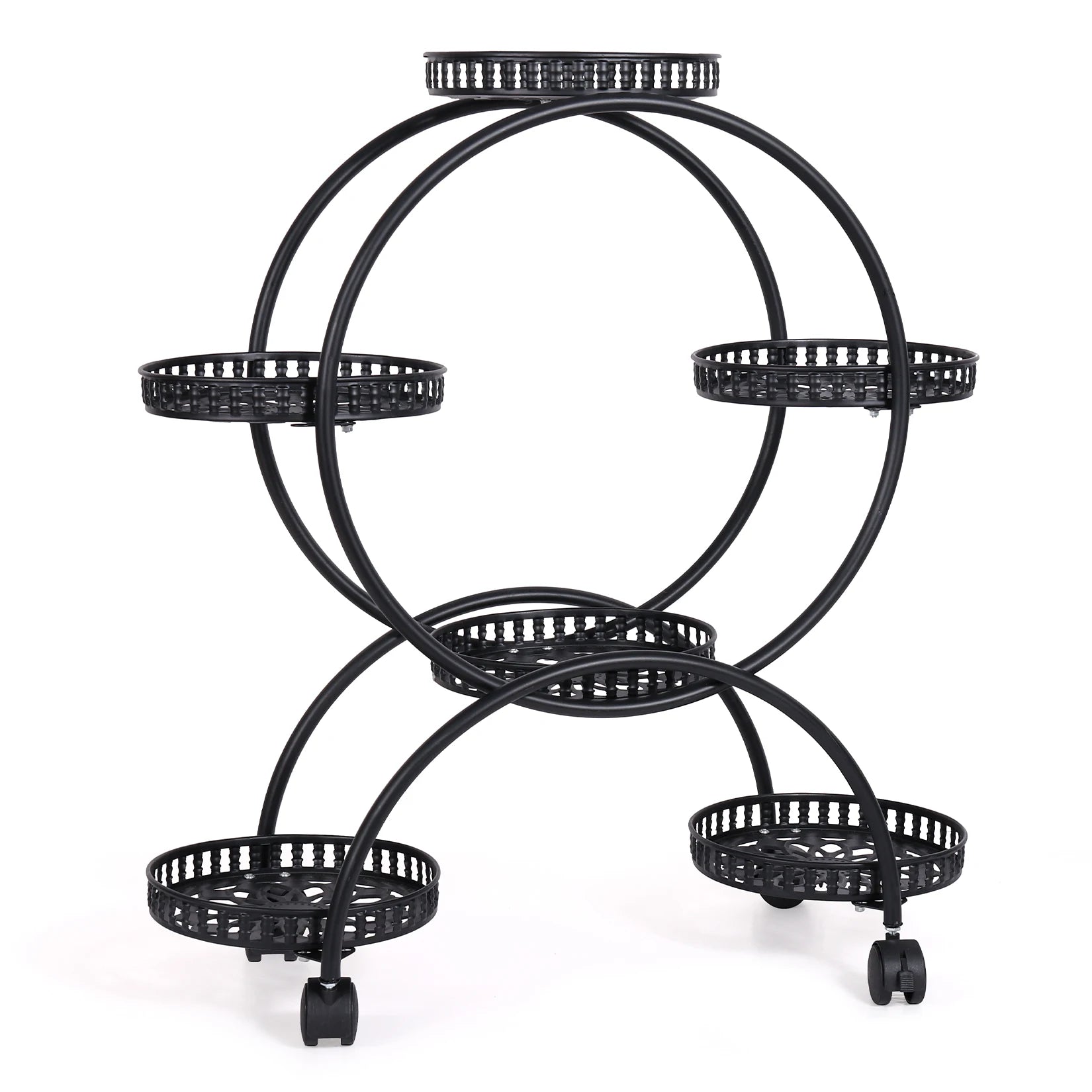 unho 6 Potted Metal Plant Stand Garden Cart Wrought Iron Flower Pots Rack Holder Display Shelf with Wheels for Patio Porch
