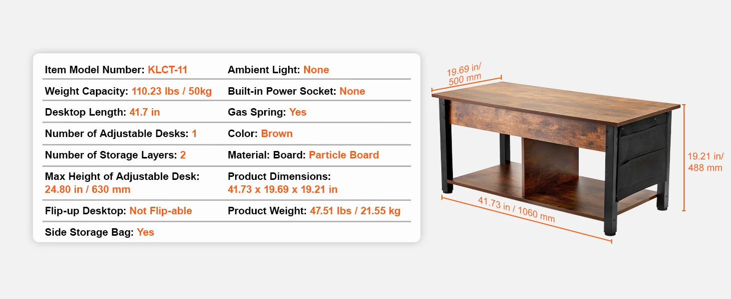VEVOR Lift Top Coffee Table Round Rectangle Table with Extra Storage Pockets Pop Up & Flipable Coffee Table for Living Room
