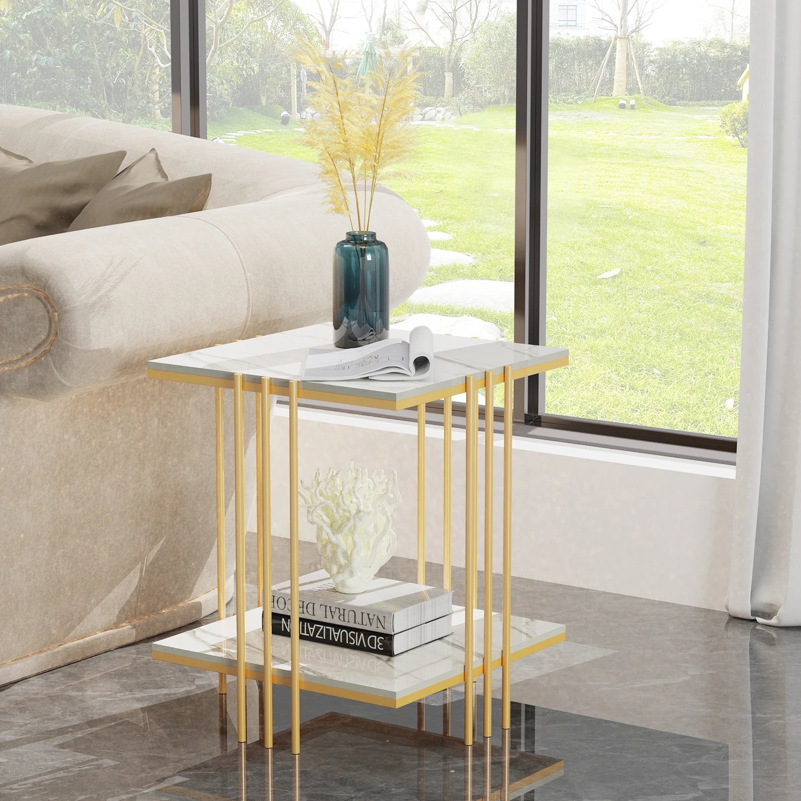Marble Top Side Table Gold 2 Tier Square White End Tables 44.5x44.5x55.5cm Sintered Stone Marbles Tabletop Modern Small Bedside