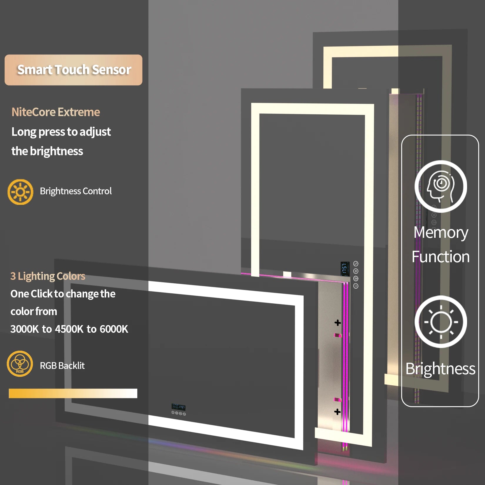 Wisfor Rectangular RGB Bathroom Mirror With Bluetooth Speaker 27x35inch Wall Lighted Bathroom Mirror With Smart Display, 3 Color