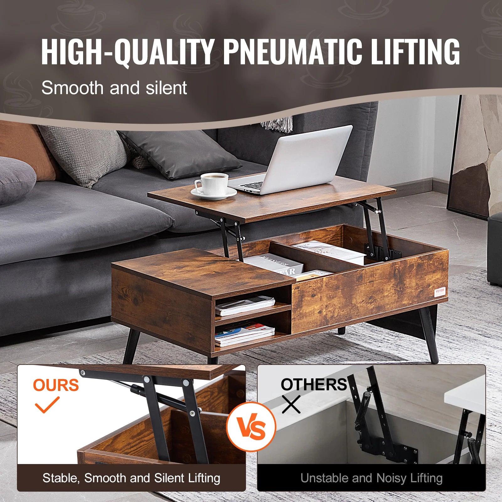 VEVOR Lift Top Coffee Table Round Rectangle Table with Extra Storage Pockets Pop Up & Flipable Coffee Table for Living Room