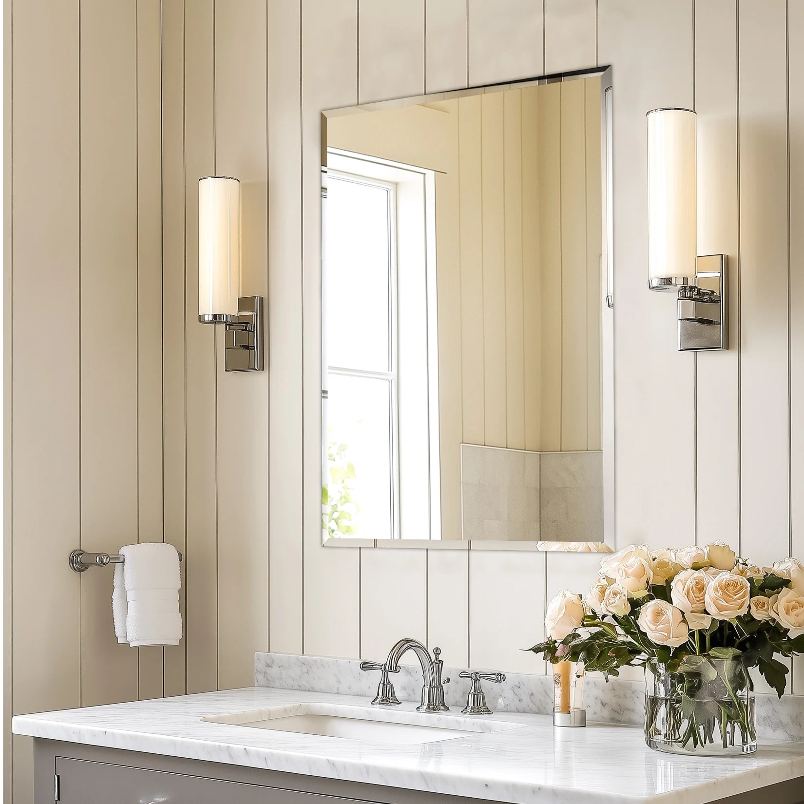 Wisfor Frameless Bathroom Mirror for Over Sink, Beveled Wall Mirror, Rectangle Vanity Mirror, Modern Style