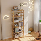 6 Tiers Bamboo Bookshelf Flower Rack with Adjustable DIY Shelves Free Standing Natural Wood Color Display Shelf for Living Room