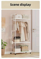 Clothing Storage Rack with Wheels, Hooks & Shelves - Space-Saving Organizer, Durable Freestanding Clothes Organizer for Bedroom